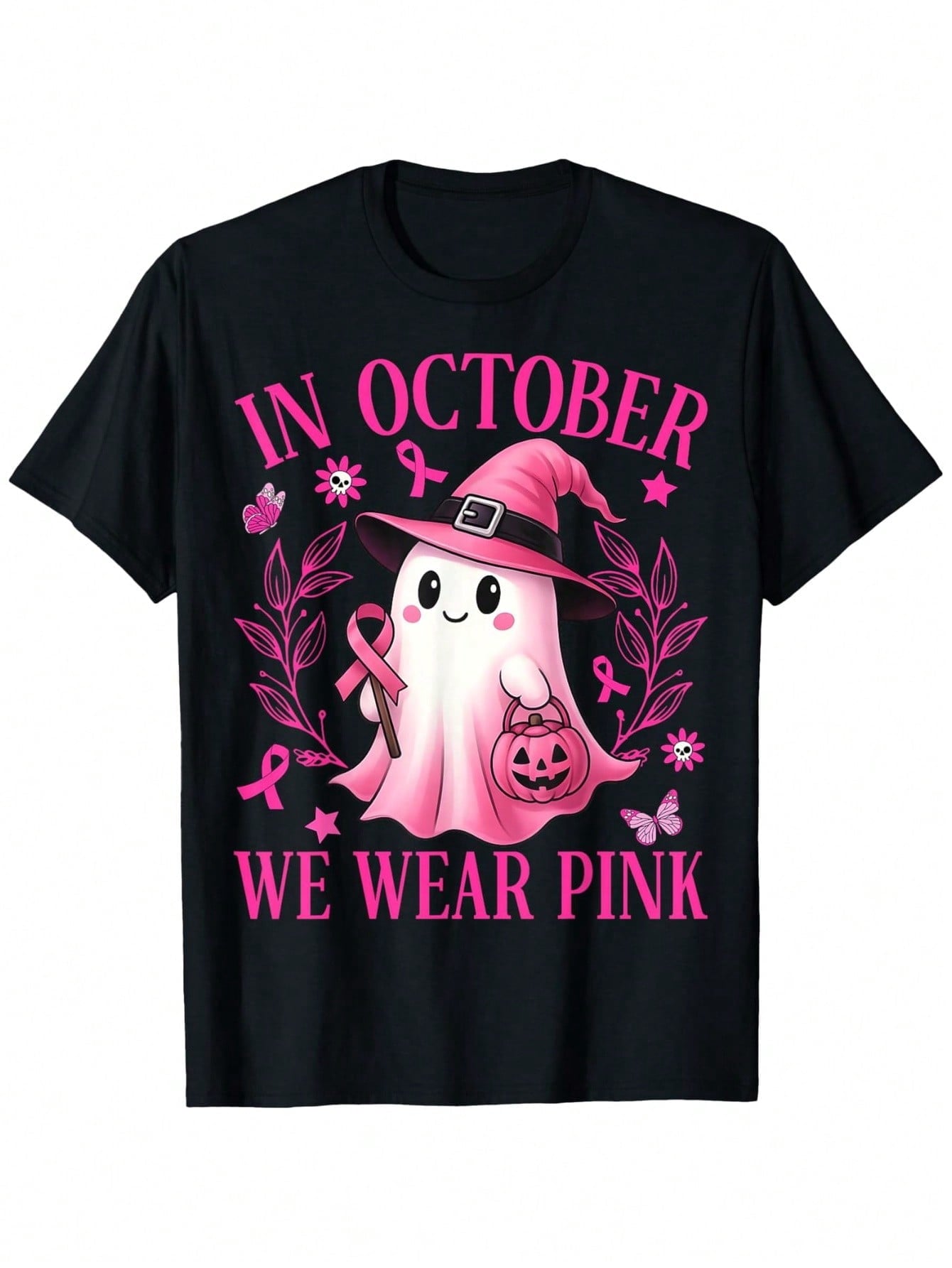 In October We Wear Pink Breast Cancer Awareness Halloween Ghost Witch Shirt Women Funny Autumn Festival Graphic Tee Top