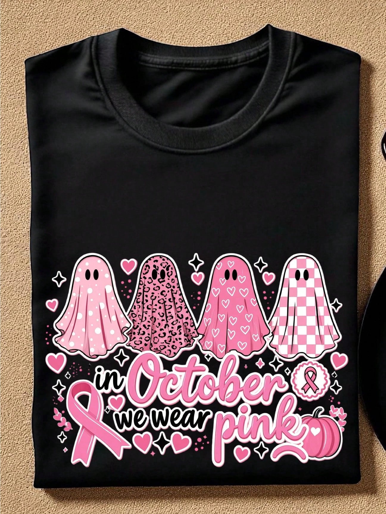 In October We Wear Pink Shirt Pink Ghost TShirt Breast Cancer Awareness Month Tee, Pink Ribbon Gift, Breast Cancer Support Short Sleeves