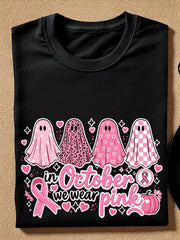In October We Wear Pink Shirt Pink Ghost TShirt Breast Cancer Awareness Month Tee, Pink Ribbon Gift, Breast Cancer Support Short Sleeves