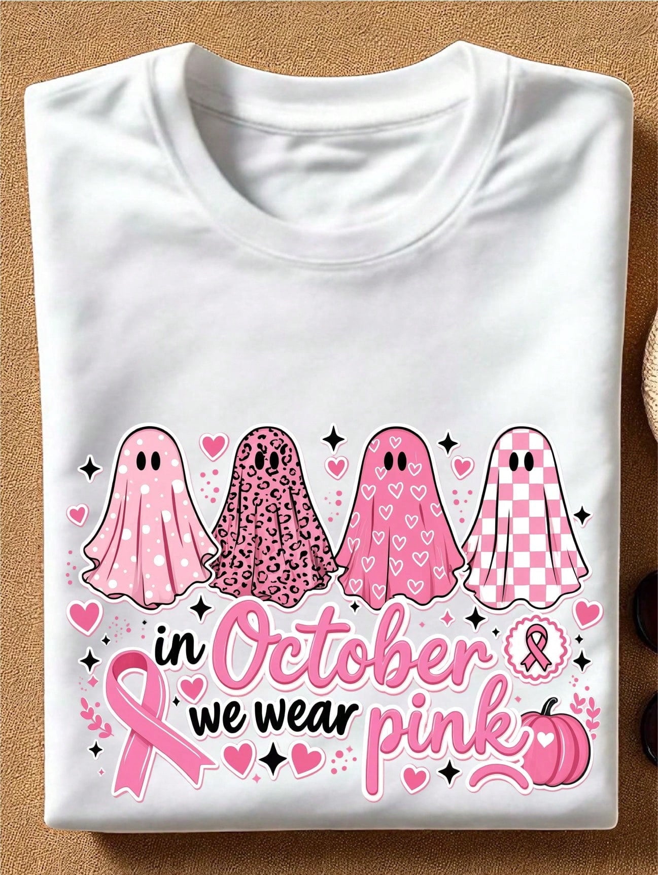 In October We Wear Pink Shirt Pink Ghost TShirt Breast Cancer Awareness Month Tee, Pink Ribbon Gift, Breast Cancer Support Short Sleeves