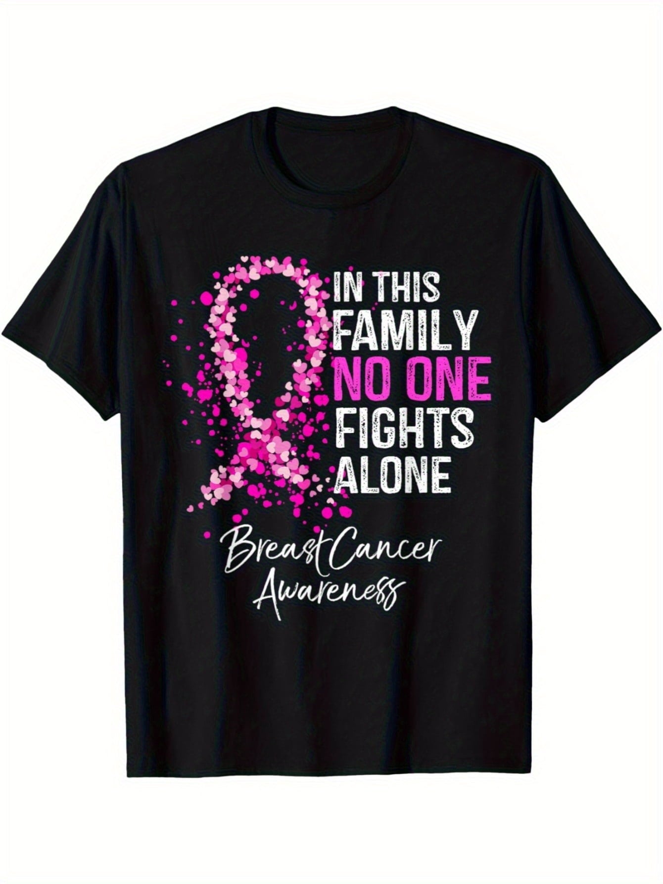 In This Family No One Fights Alone Breast Cancer Awareness T‑Shirt, Pink Heart Ribbon Graphic Short Sleeve Casual Support Tee for Men Women