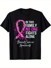 In This Family No One Fights Alone Breast Cancer Awareness T‑Shirt, Pink Heart Ribbon Graphic Short Sleeve Casual Support Tee for Men Women