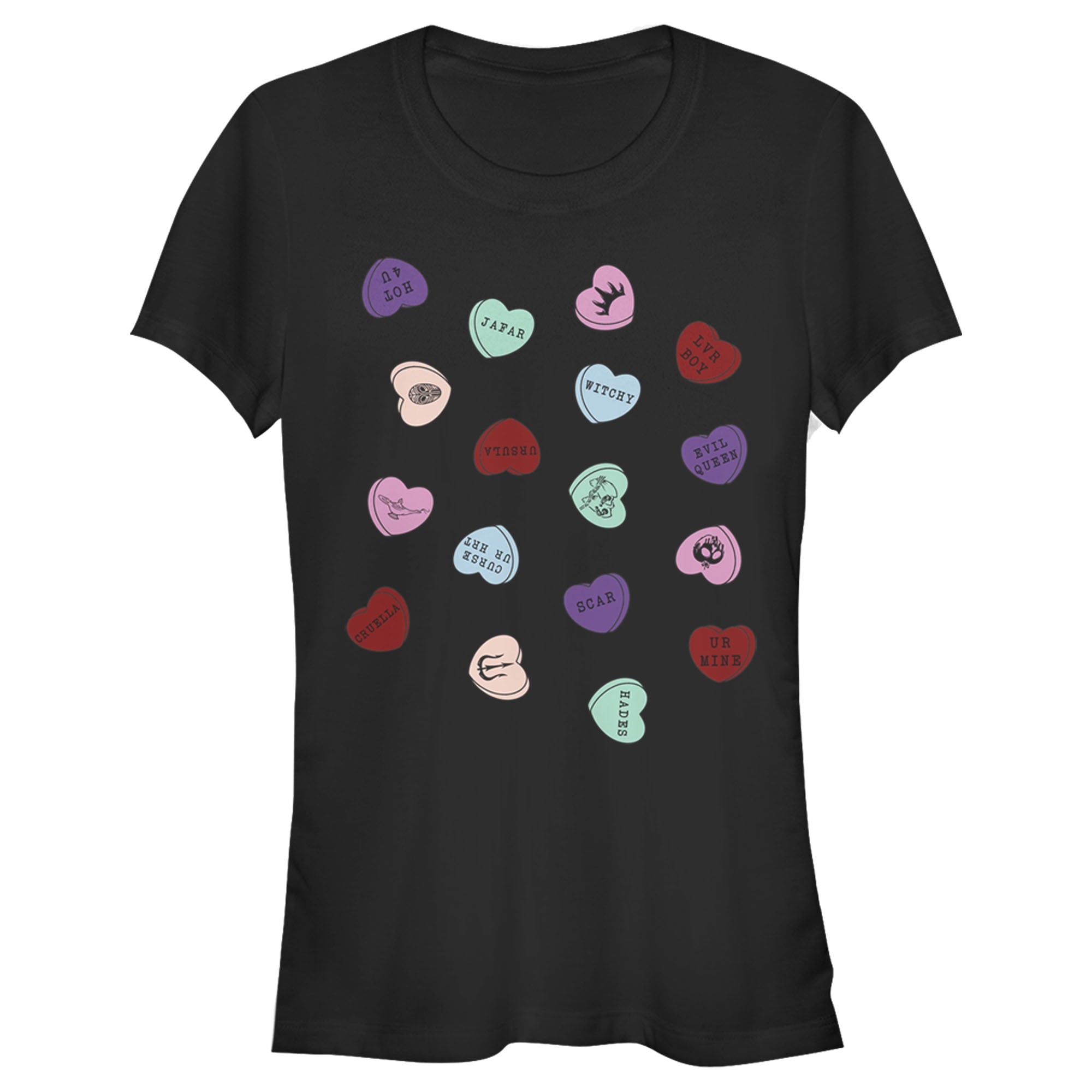 Junior's Disney Villains Valentine's Day Candy Hearts Graphic Tee Black X Large