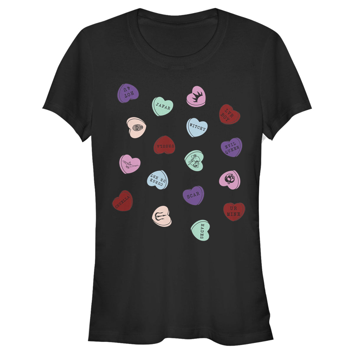Junior's Disney Villains Valentine's Day Candy Hearts Graphic Tee Black X Large