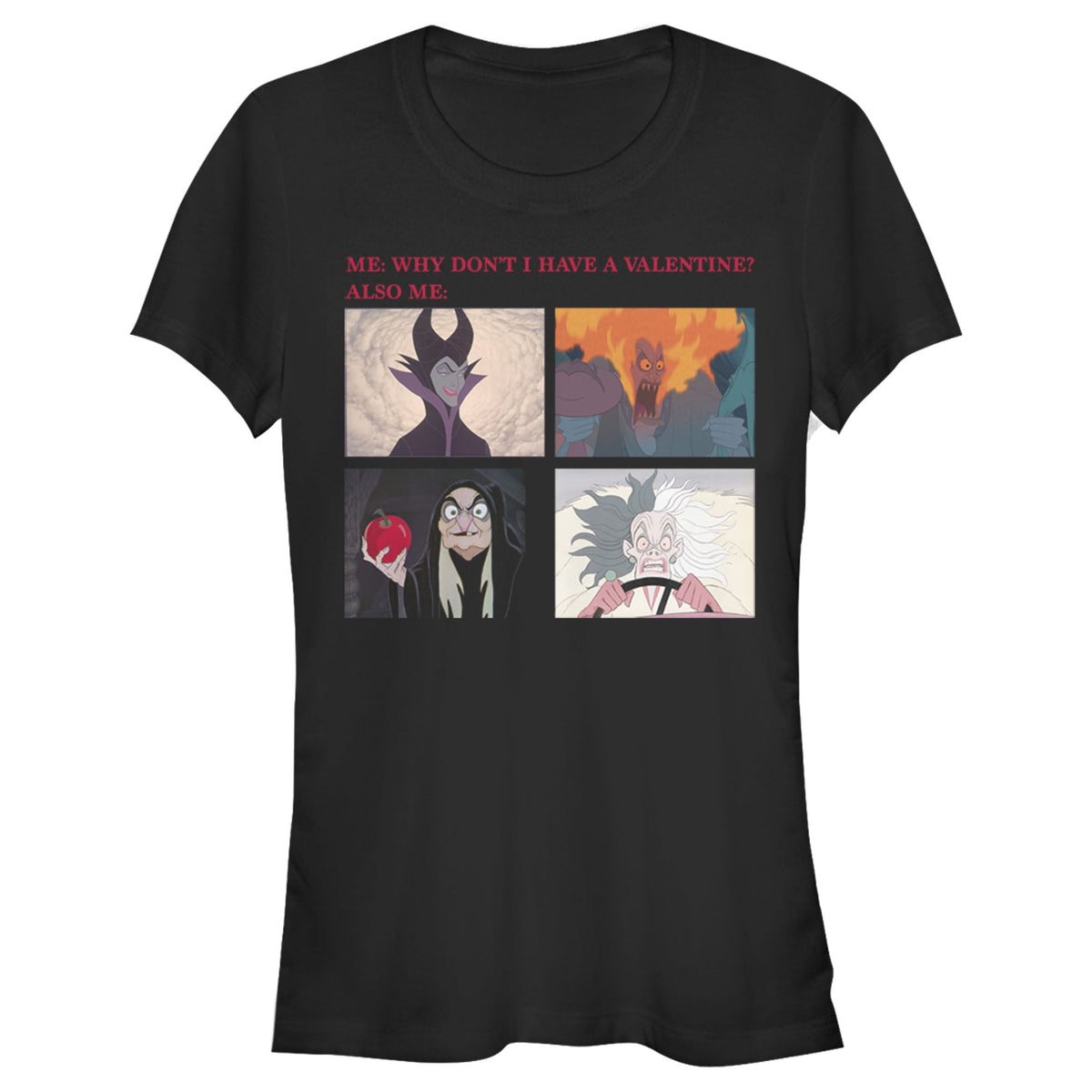 Junior's Disney Villains Valentine's Day Meme EVIL Graphic Tee Black Medium