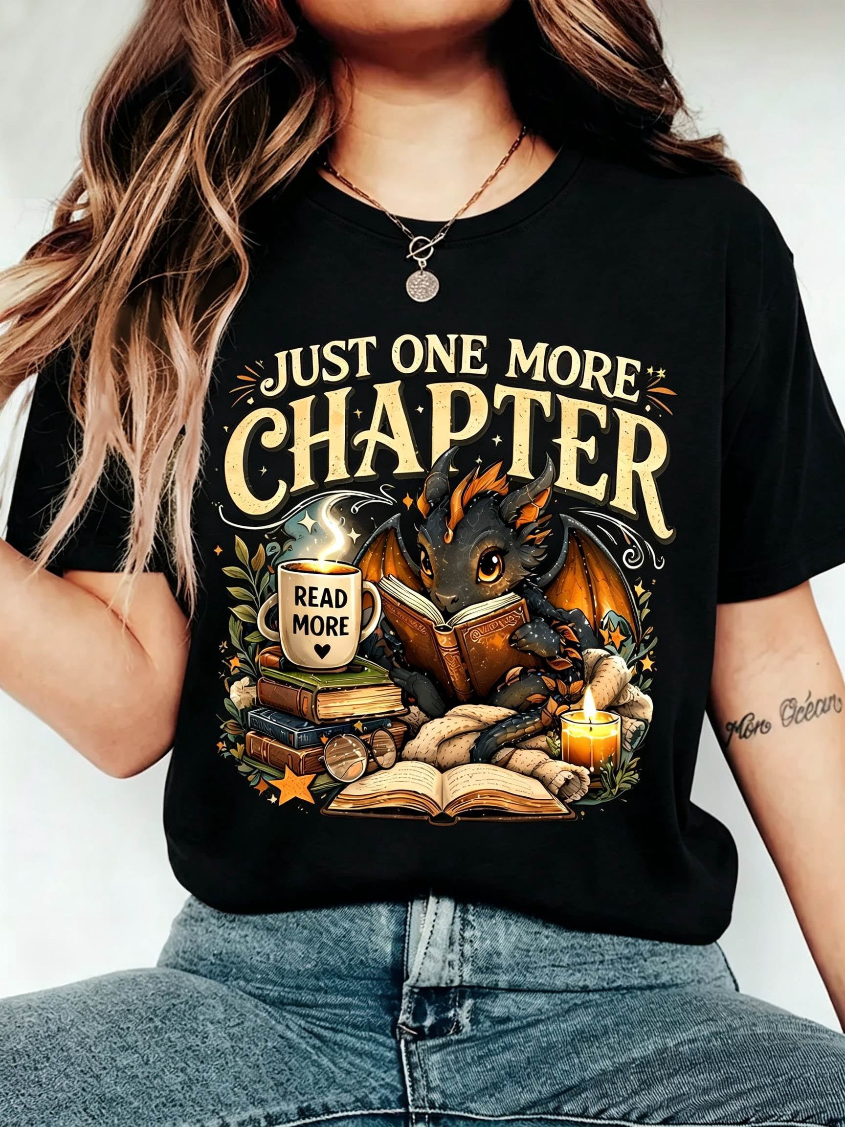 Just One More Chapter T-Shirt Dragon Book Lover Fantasy Reader Tee