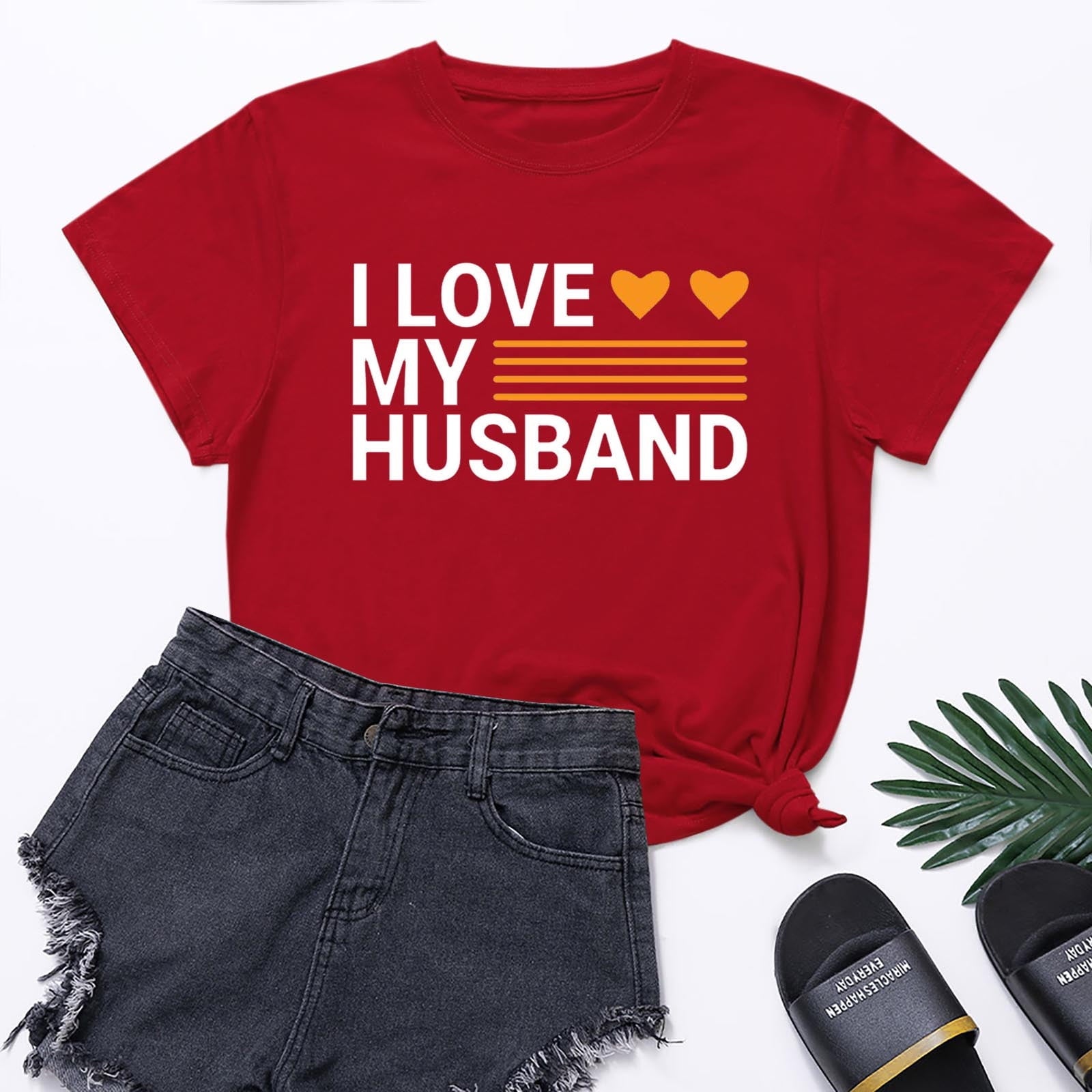 Lilgiuy Heart Valentines Day Shirt for Women's I LOVE MY HUSBAND Letter Print Graphic Tees Short Sleeve Tops Casual Summer T Shirt for Beach Hawaiian