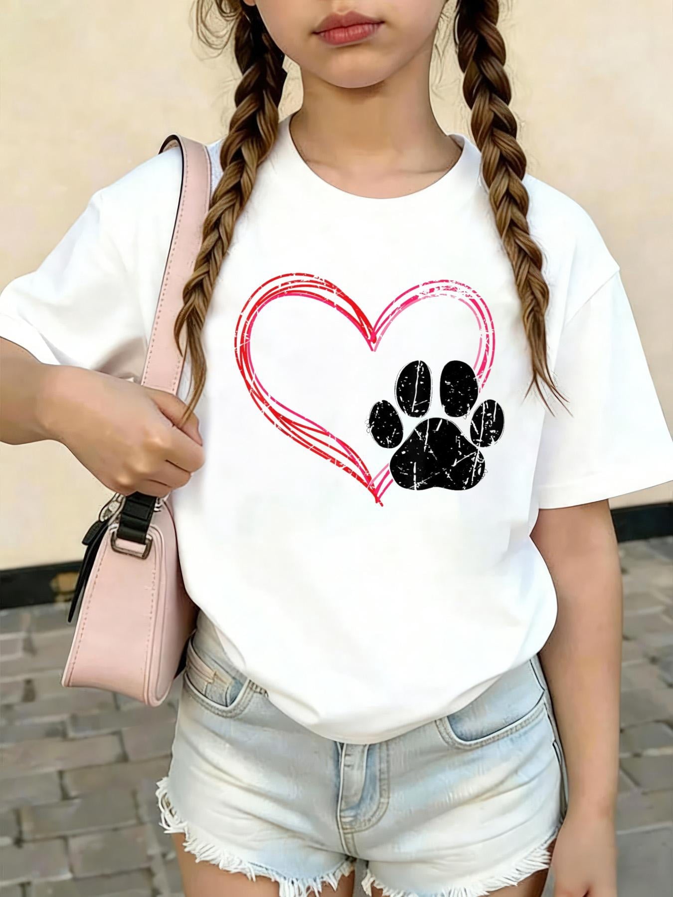 Love Heart Cat Dog Paw Print, Pet Gifts For Valentine's Day Kids Cotton Graphic Tee Comfortable boys girls T-Shirt