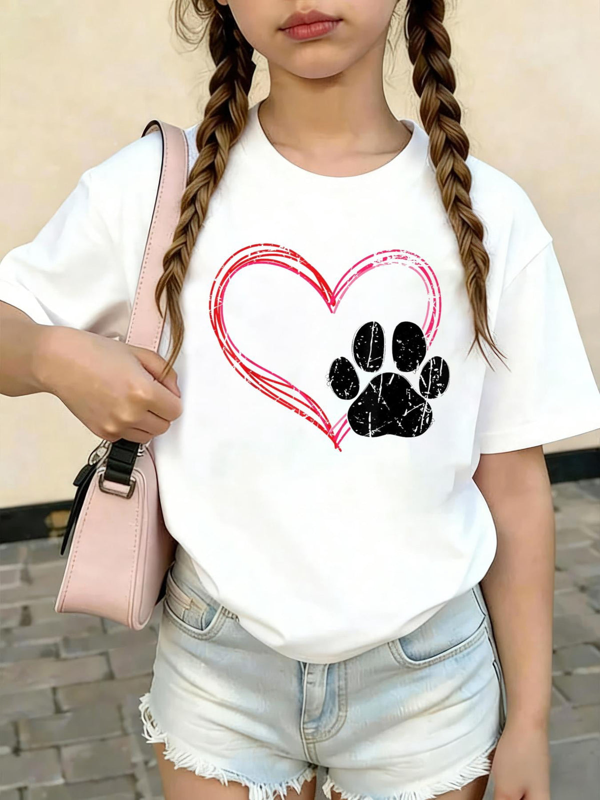 Love Heart Cat Dog Paw Print, Pet Gifts For Valentine's Day Kids Cotton Graphic Tee Comfortable boys girls T-Shirt