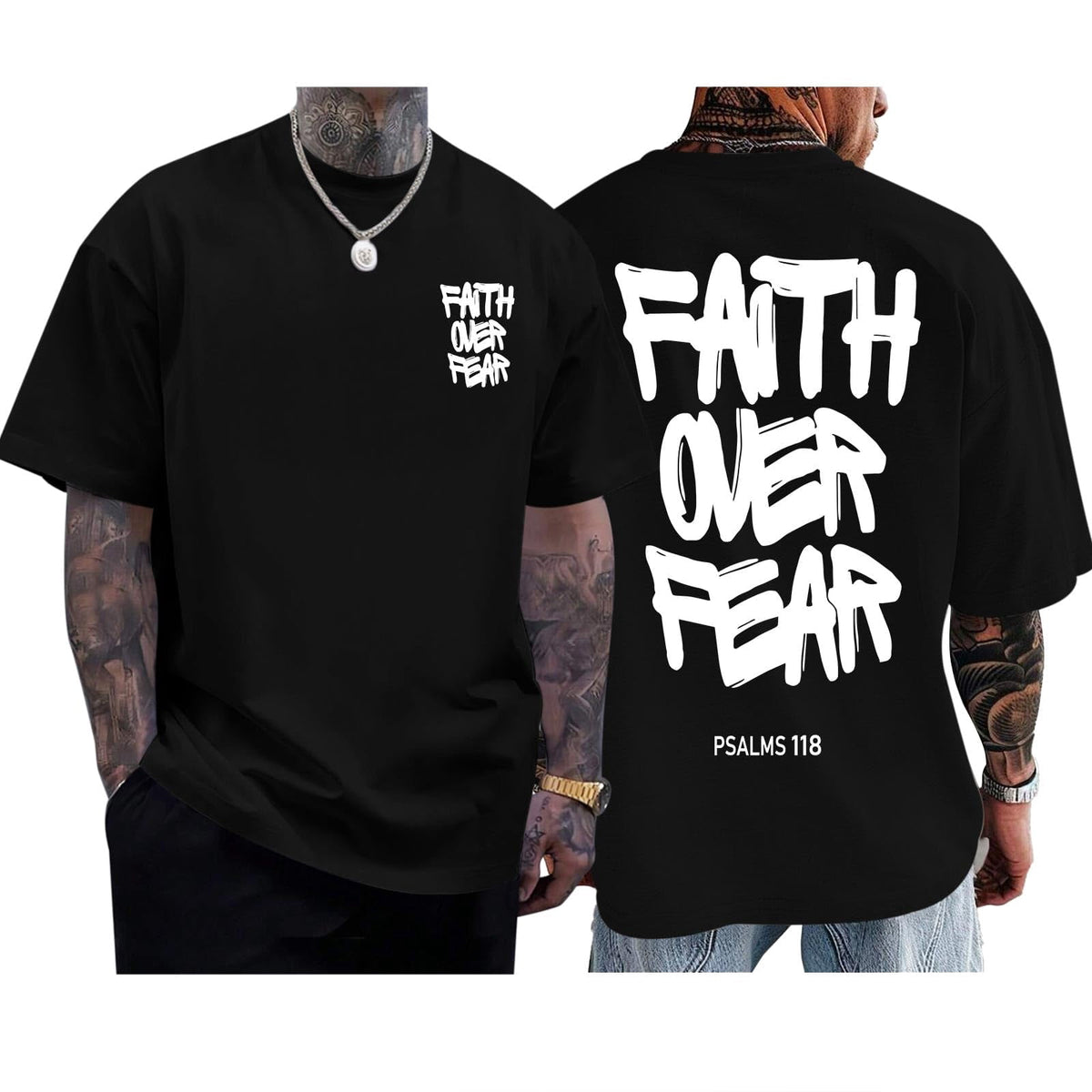 Men's Crew Neck Short Sleeve T-Shirt, "Faith Over Fear" Inspirational Religious Graphic Print, Casual Christian Faith Streetwear Tee