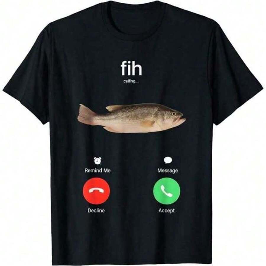 【New Arrival】Funny Fish Incoming Call Bass Graphic T-Shirt, Cotton Crew Neck Short Sleeve Tee, Humor Fishing Casual Streetwear Novelty Gift For Angler Fishermen