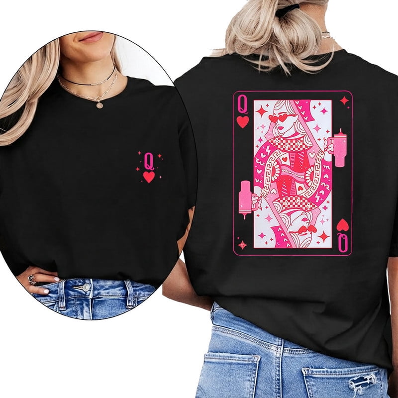 Queen Of Hearts T-shirts Coffee Playing Cards Graphic Tees Short Sleeve Casual Tops Trendy Valentines Day Shirts for Daily Outfits Black,M