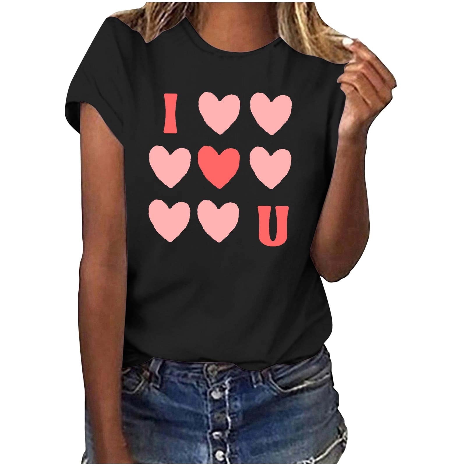Riecok Womens Tops Plus Size valentines day shirts Crewneck Heart T Shirt for Women Short Sleeve Summer Casual Comfy Novelty Graphic Tops Black 3XL