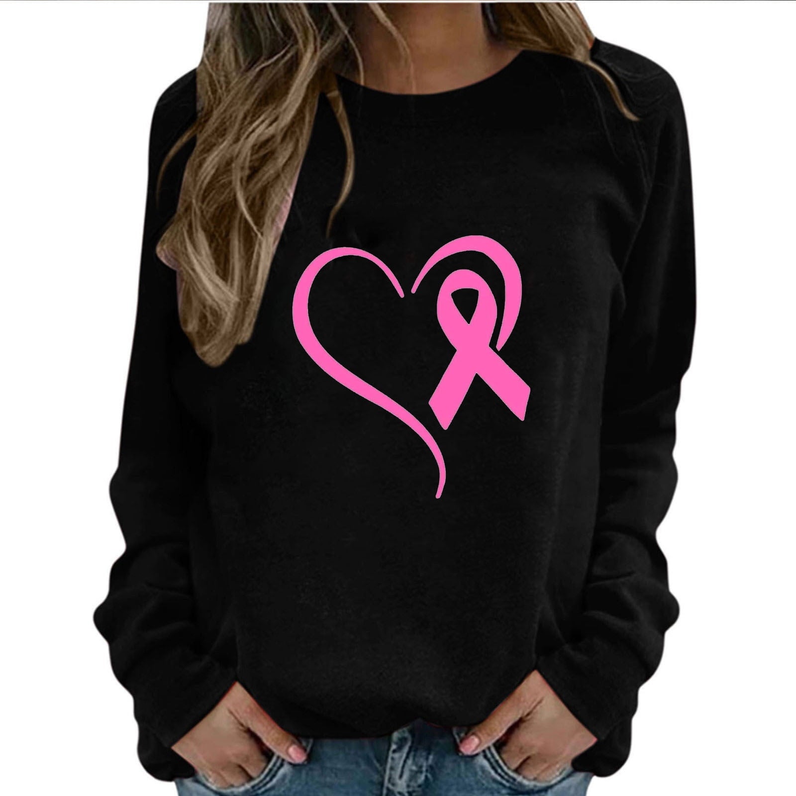 SOOMLON Pink Ribbon Support T-Shirt for Women Breast Cancer Shirt Women Pink Ribbon Print T-Shirt Cancer Tops Cancer Fight Tee Tops Long Sleeve Round Neck Pink Tshirt for Women XXL