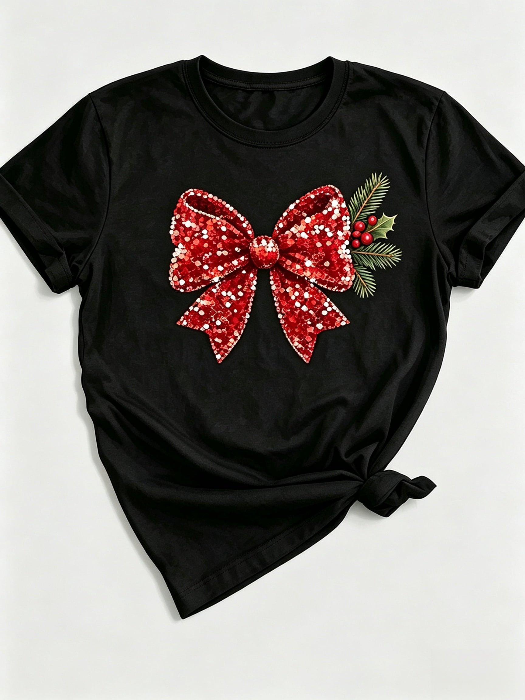 Santa Hat Bow Tee Christmas Red Sparkle Bow