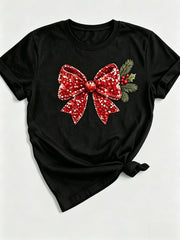 Santa Hat Bow Tee Christmas Red Sparkle Bow