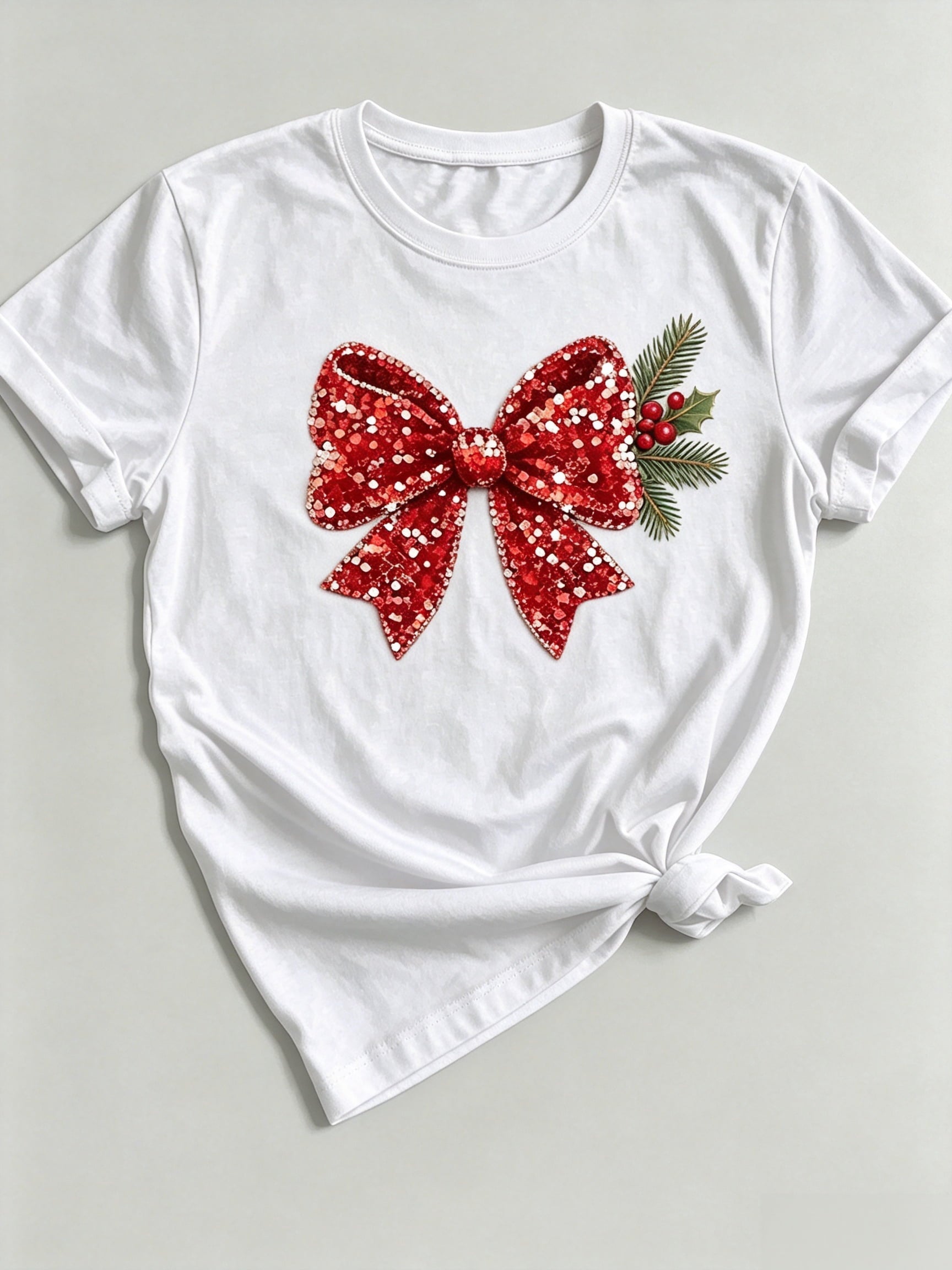 Santa Hat Bow Tee Christmas Red Sparkle Bow
