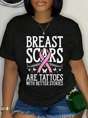 Scars Pink Month Cancer Survivor Breast Cancer Awareness Relaxed Fit Classic Comfort Cotton T-Shirt Women's Graphic Tee Crew Neck summer vacation Tops