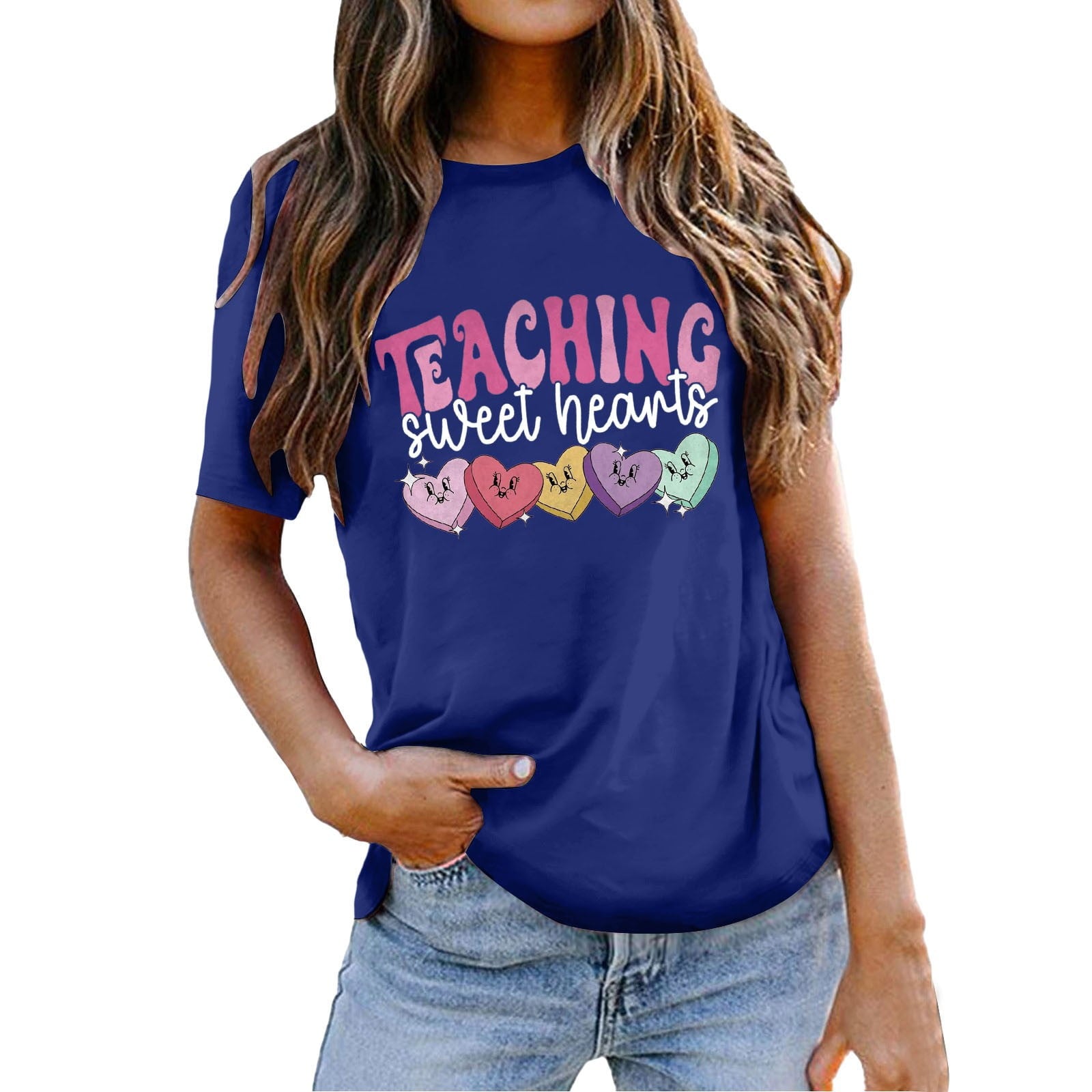 Shadoumai Women Love Heart Printed Shirts Valentine's Cute Casual Graphic T Shirts Spring Day Tops Trendy Tee