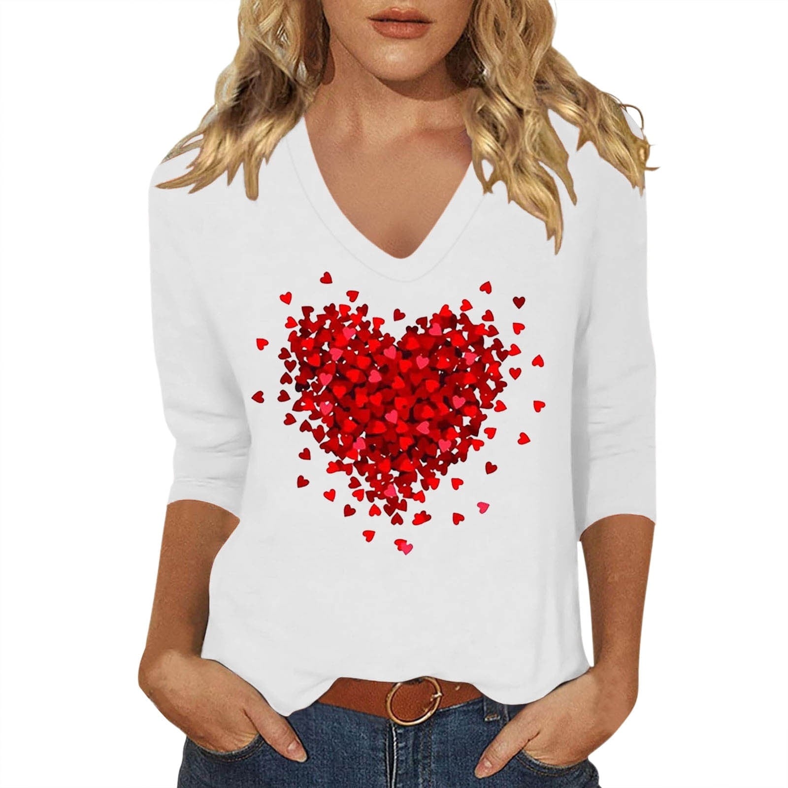 Shadoumai Women Love Heart Printed Shirts Valentine's Cute Casual Graphic T Shirts Spring Day Tops Trendy Tee