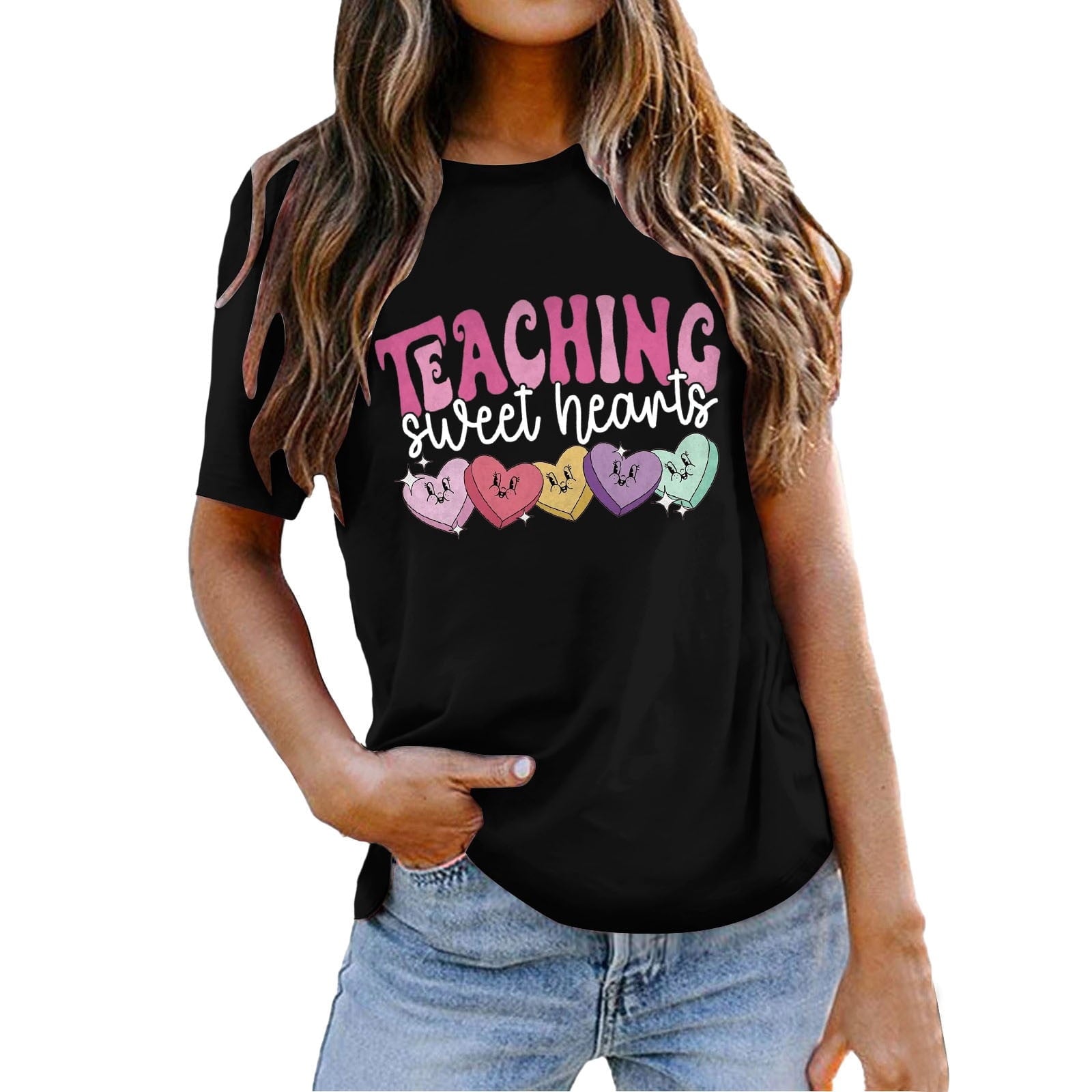 Shadoumai Women Love Heart Printed Shirts Valentine's Cute Casual Graphic T Shirts Spring Day Tops Trendy Tee