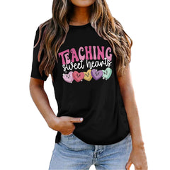 Shadoumai Women Love Heart Printed Shirts Valentine's Cute Casual Graphic T Shirts Spring Day Tops Trendy Tee