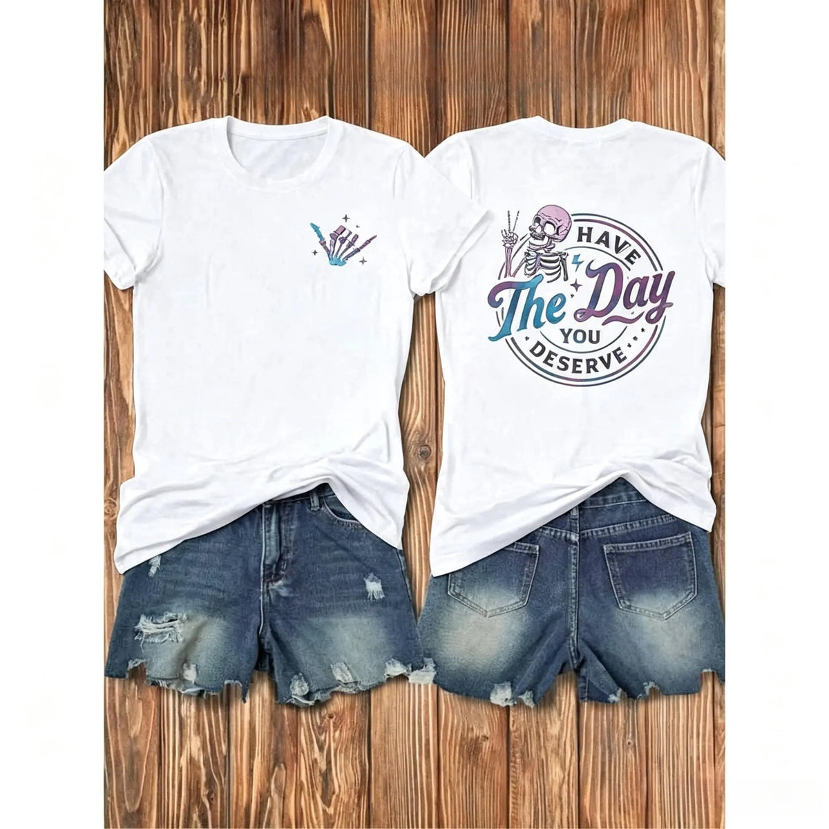 Skeleton Letter Print Crew Neck Tee Summer Casual Short Sleeve Top
