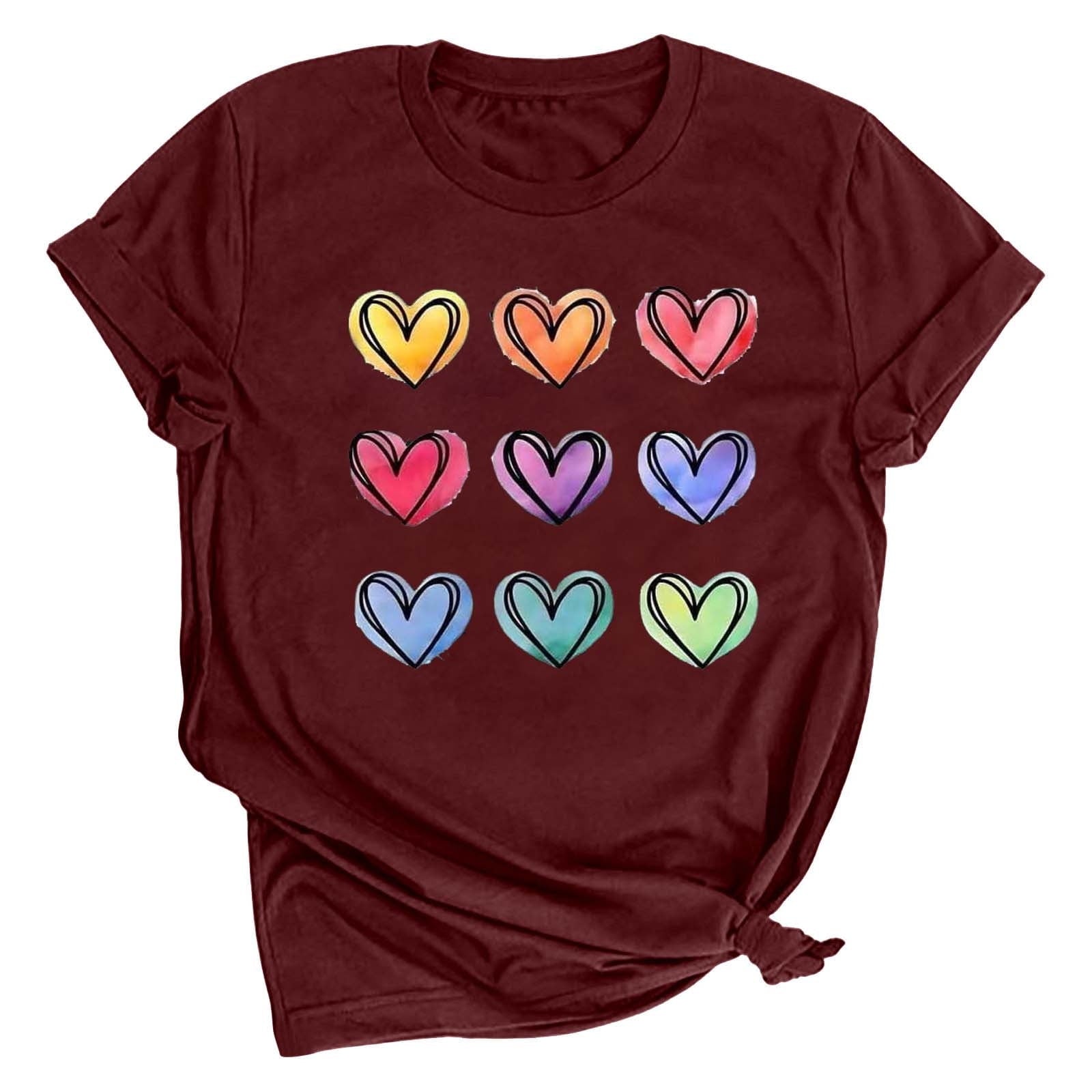 Tbopshirt Valentine's Day T-Shirts for Women Short Sleeve Graphic Tees, Printing Love Heart Round Neck Plus Size Womens Tops S-XXXL