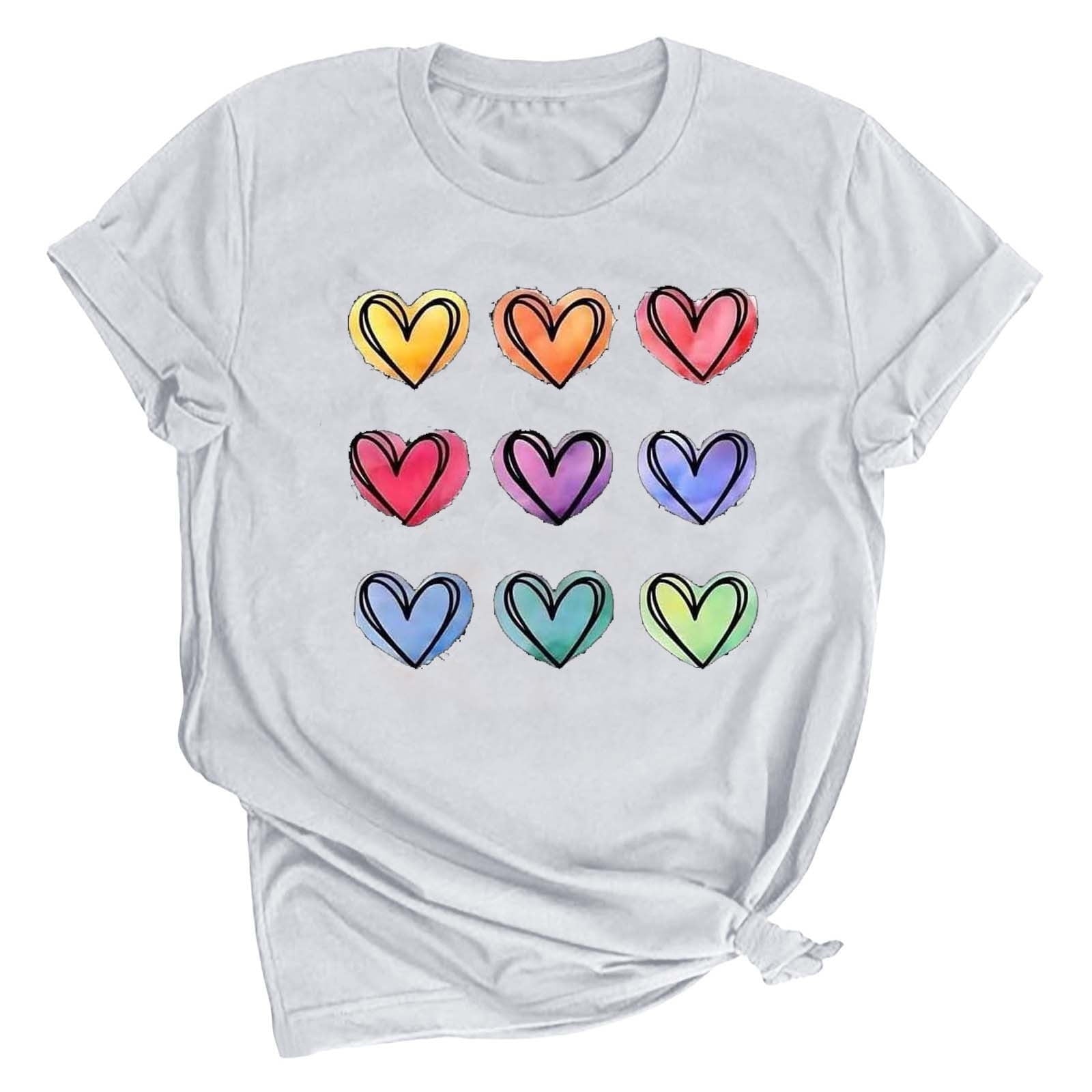 Tbopshirt Valentine's Day T-Shirts for Women Short Sleeve Graphic Tees, Printing Love Heart Round Neck Plus Size Womens Tops S-XXXL