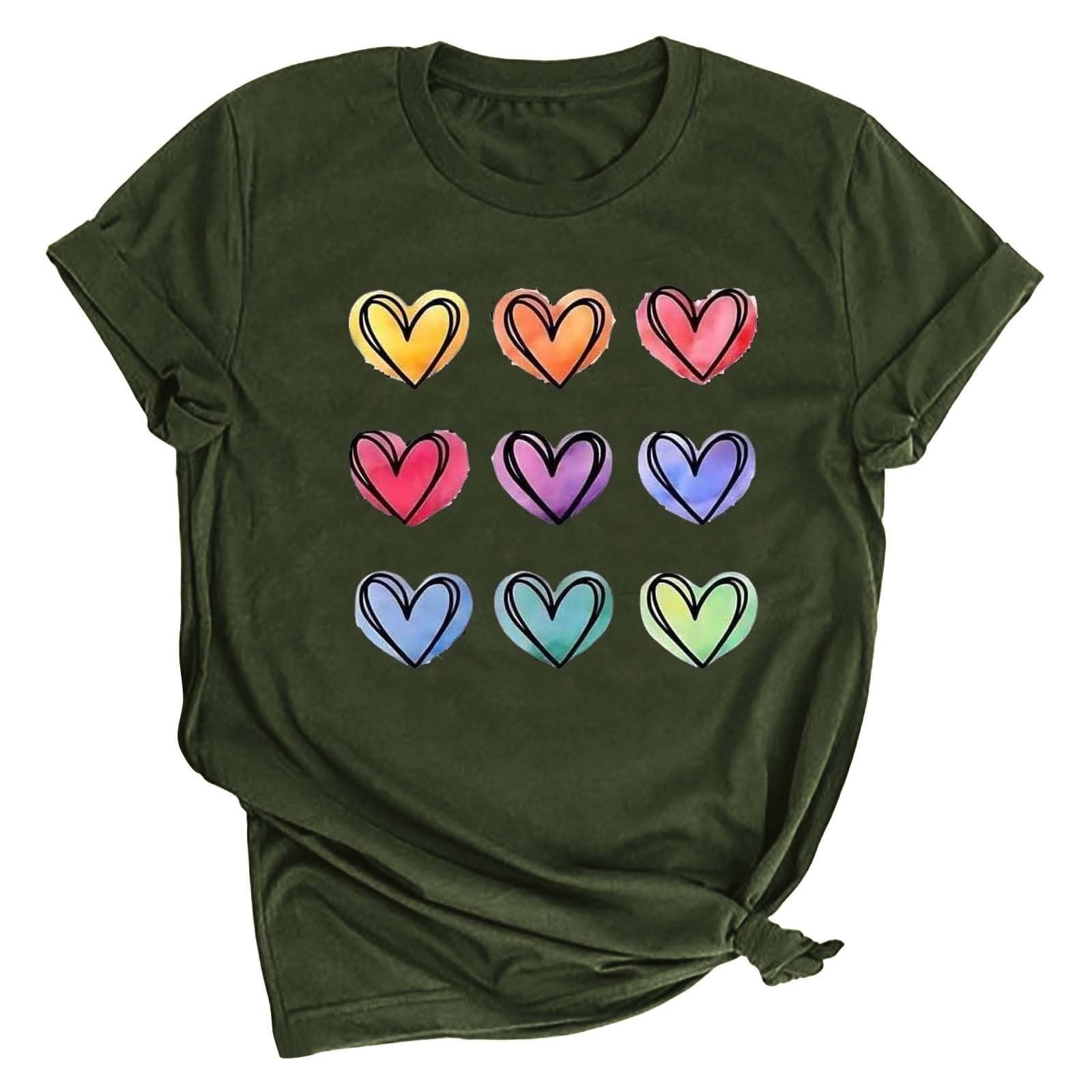 Tbopshirt Valentine's Day T-Shirts for Women Short Sleeve Graphic Tees, Printing Love Heart Round Neck Plus Size Womens Tops S-XXXL