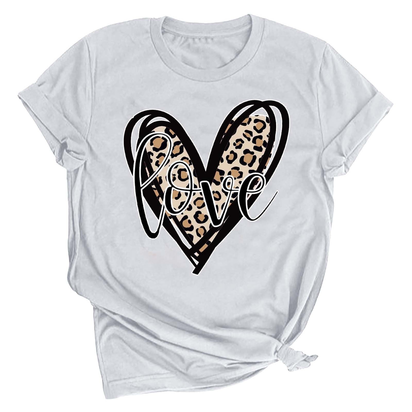 Tbopshirt Valentine's Day T-Shirts for Women Short Sleeve Graphic Tees, Printing Love Heart Round Neck Plus Size Womens Tops S-XXXL