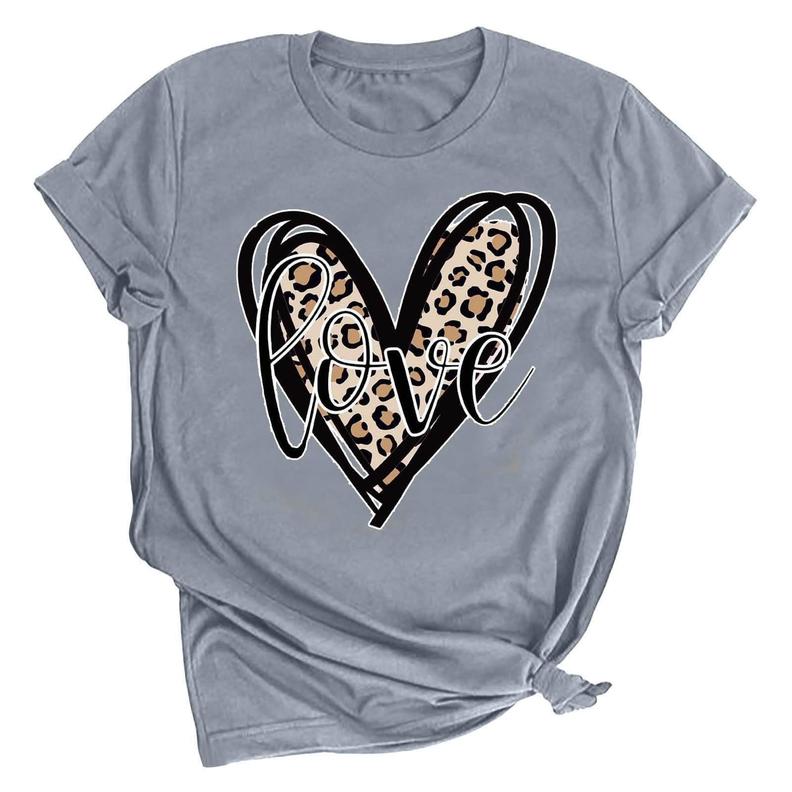 Tbopshirt Valentine's Day T-Shirts for Women Short Sleeve Graphic Tees, Printing Love Heart Round Neck Plus Size Womens Tops S-XXXL