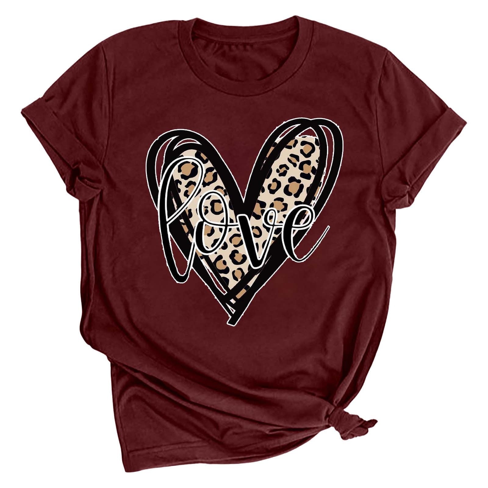 Tbopshirt Valentine's Day T-Shirts for Women Short Sleeve Graphic Tees, Printing Love Heart Round Neck Plus Size Womens Tops S-XXXL