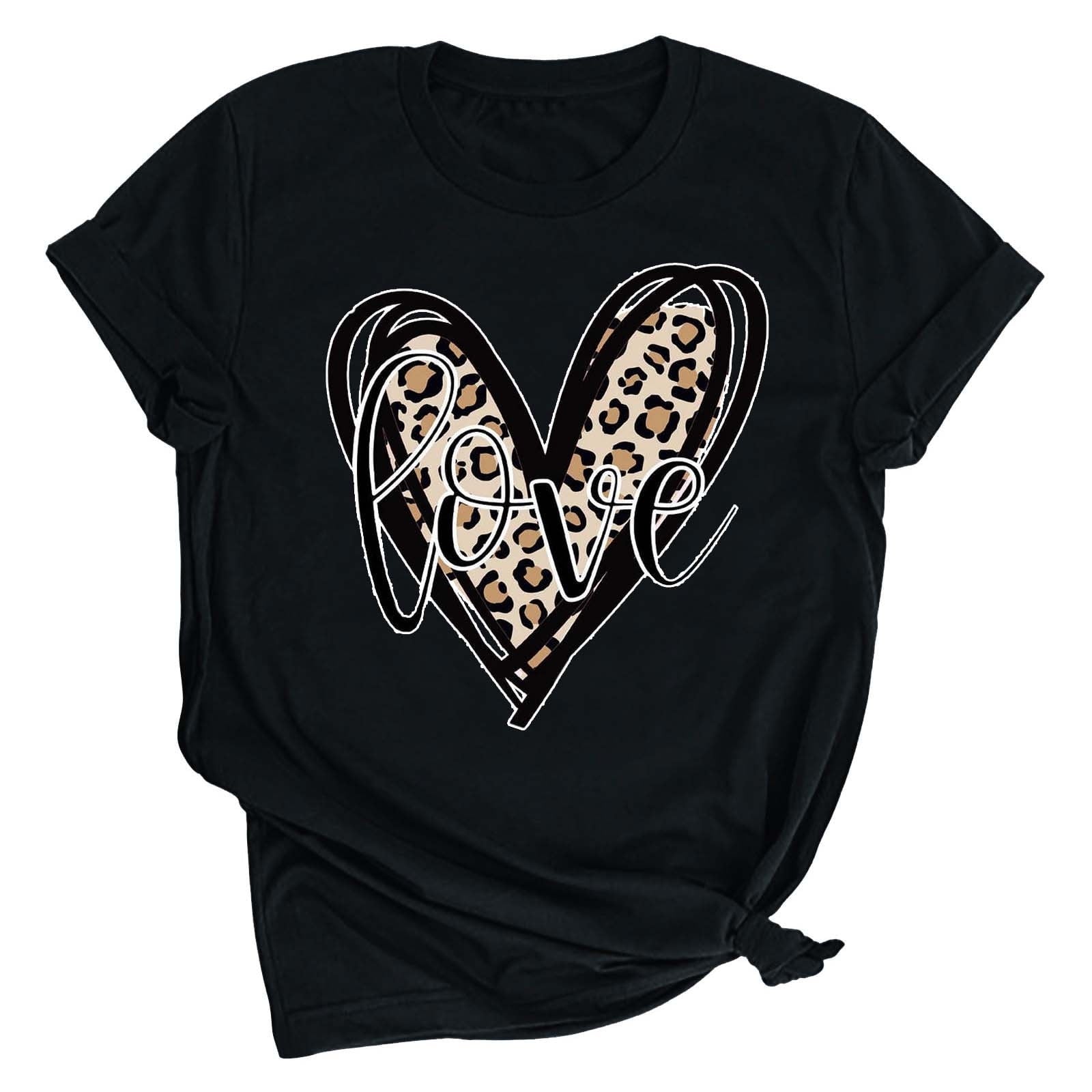 Tbopshirt Valentine's Day T-Shirts for Women Short Sleeve Graphic Tees, Printing Love Heart Round Neck Plus Size Womens Tops S-XXXL