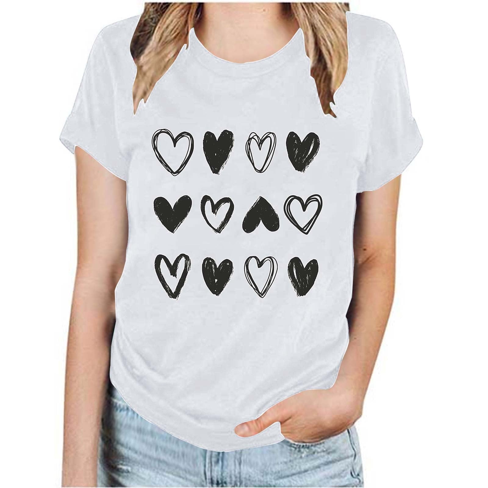 Tbopshirt Womens Tops,Valentine's Day T-Shirts for Women Graphic Tees,Womens Valentines Day T Shirt Crewneck Heart Printed Short Sleeve Casual Loose Plus Size Tops S-XXXL