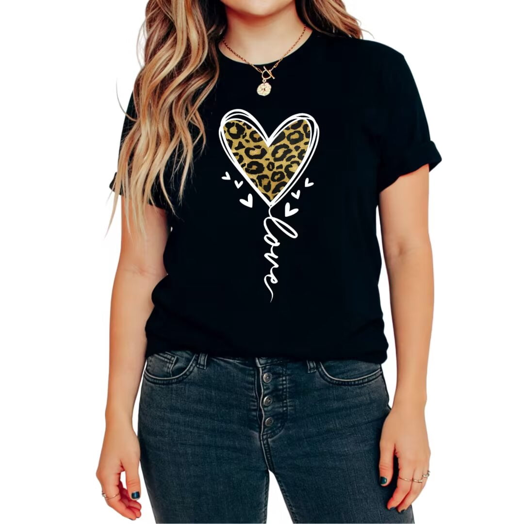 UNISHE Women's Leopard Print Love Heart Graphic Short Sleeve Crewneck T-Shirt Casual Boho Valentines Day Tees