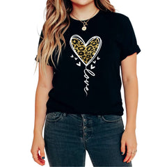 UNISHE Women's Leopard Print Love Heart Graphic Short Sleeve Crewneck T-Shirt Casual Boho Valentines Day Tees