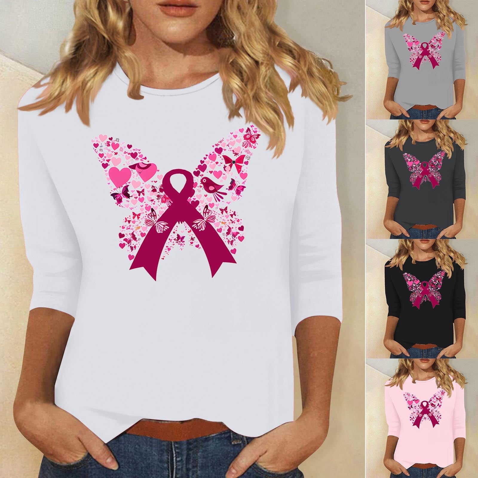 VKOYWKM Breast Cancer Awareness Shirts for Women 3/4 Sleeve Tops Pink Ribbon Graphic Tee Fight Cancer Crew Neck Cancer Survivor Tops
