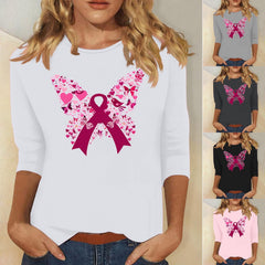 VKOYWKM Breast Cancer Awareness Shirts for Women 3/4 Sleeve Tops Pink Ribbon Graphic Tee Fight Cancer Crew Neck Cancer Survivor Tops
