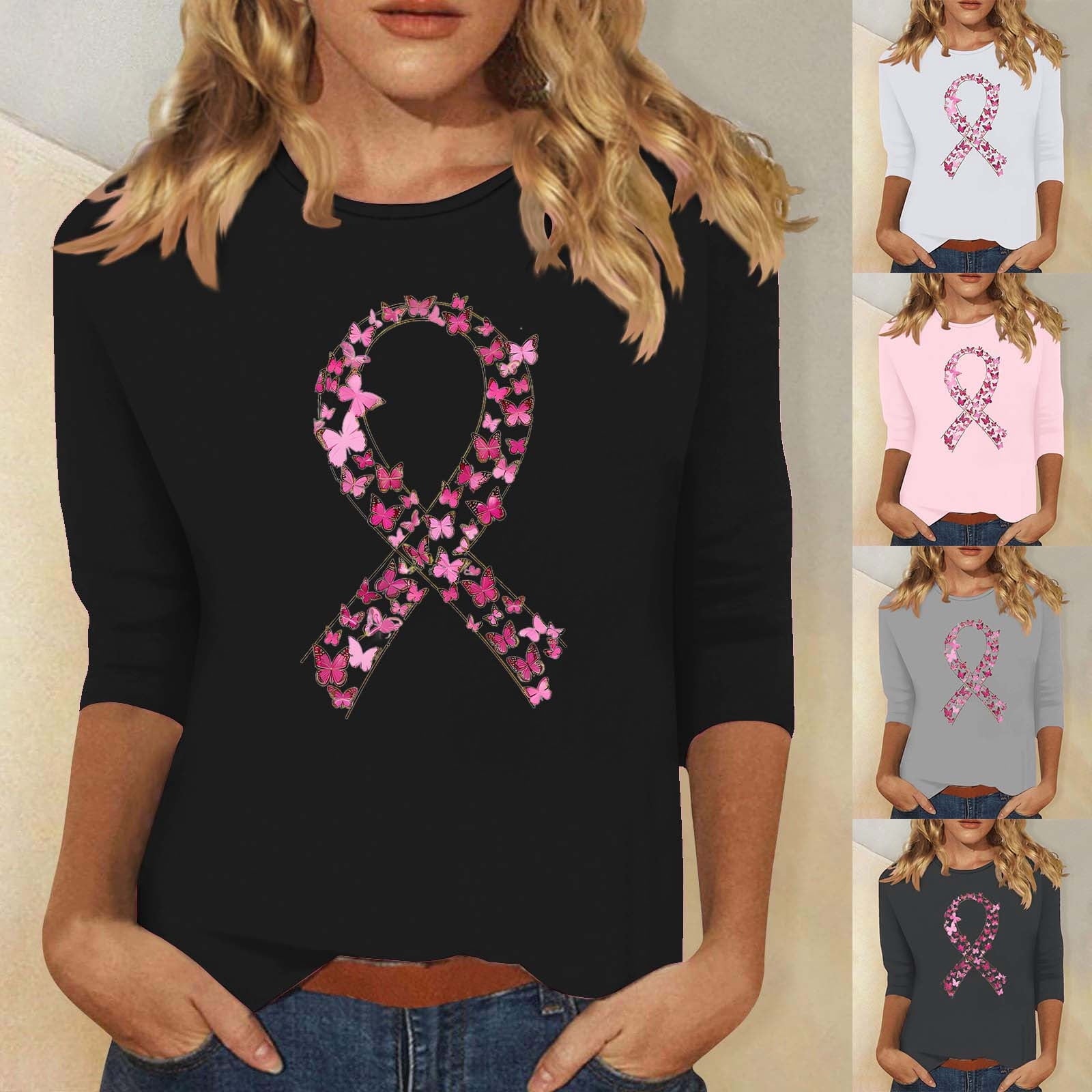 VKOYWKM Breast Cancer Awareness Shirts for Women Breast Cancer 3/4 Sleeve Tops Pink Ribbon Graphic Tee Breast Cancer Survivor Shirt