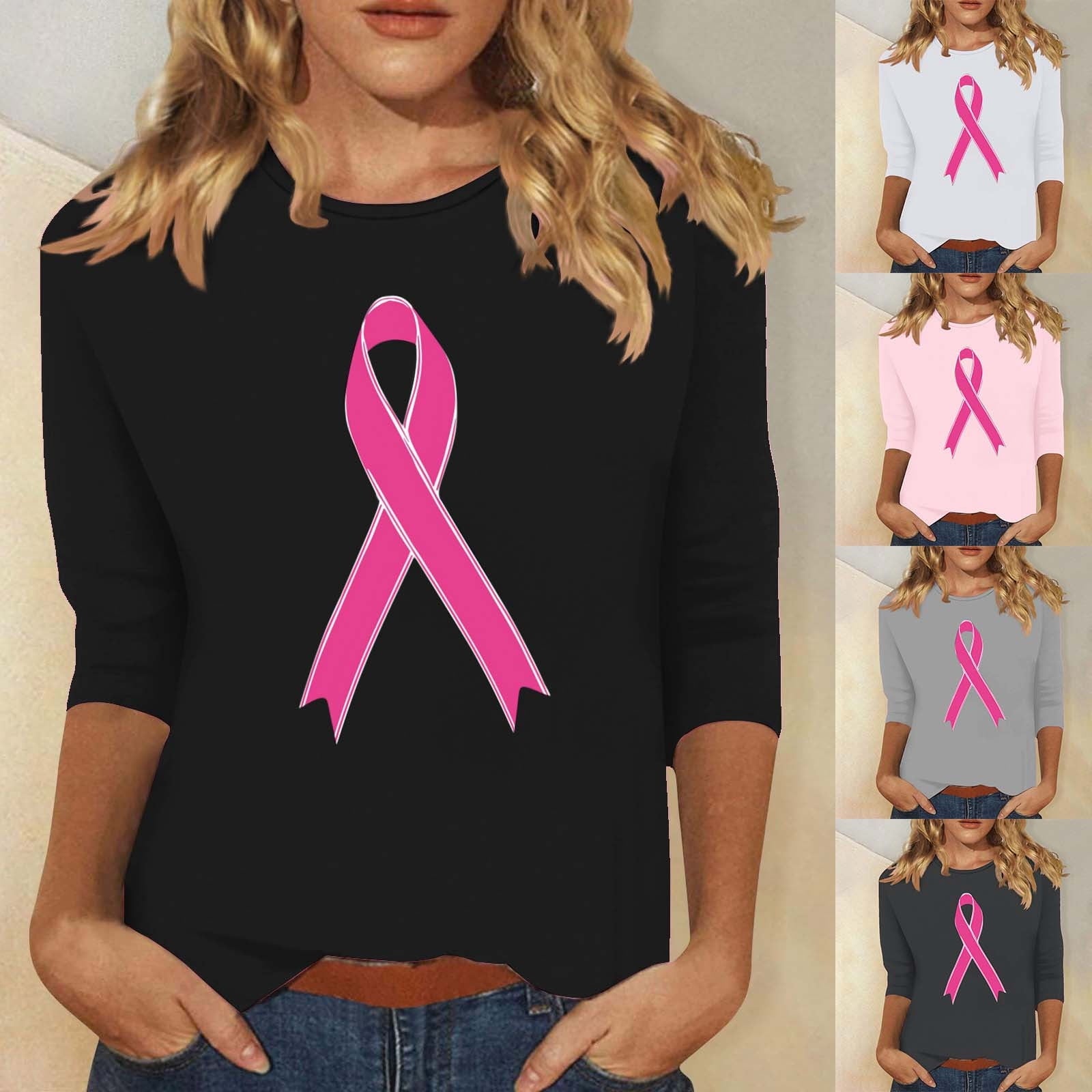 VKOYWKM Breast Cancer Awareness T-Shirts for Women 3/4 Length Sleeve Women Tops Pink Ribbon Graphic Tee Inspirational Breast Cancer Survivor Shirts