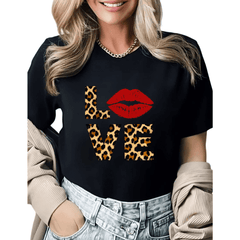 Valentine's Day Leopard Print Love Graphic Tees Womans Tshirt Black White S-5XL Tops