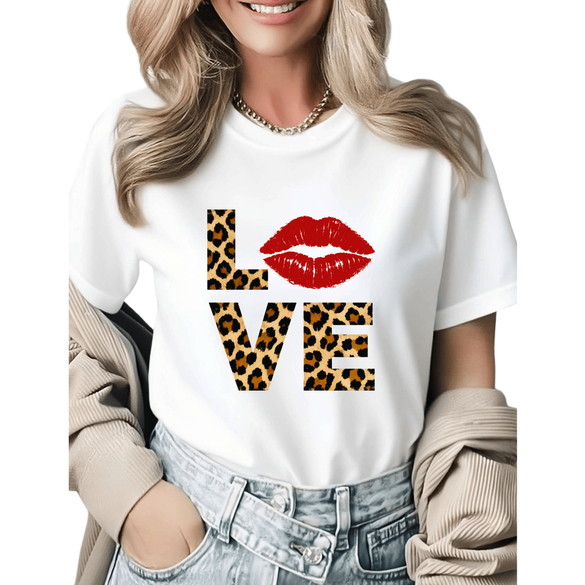 Valentine's Day Leopard Print Love Graphic Tees Womans Tshirt Black White S-5XL Tops