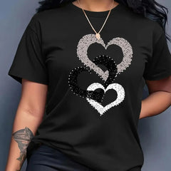 Women Intertwined Dotted Heart Graphic T‑Shirt, Crew Neck Short Sleeve  Tee, Black White Gray Sketch Heart Print, Casual All‑Season Top for Ladies