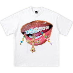 Women Y2K Streetwear Graphic T?Shirt, Casual Crew Neck Short Sleeve Tee, Glossy Lips Gem Cross Jewelry Print, Trendy Retro Fashion Top for Women