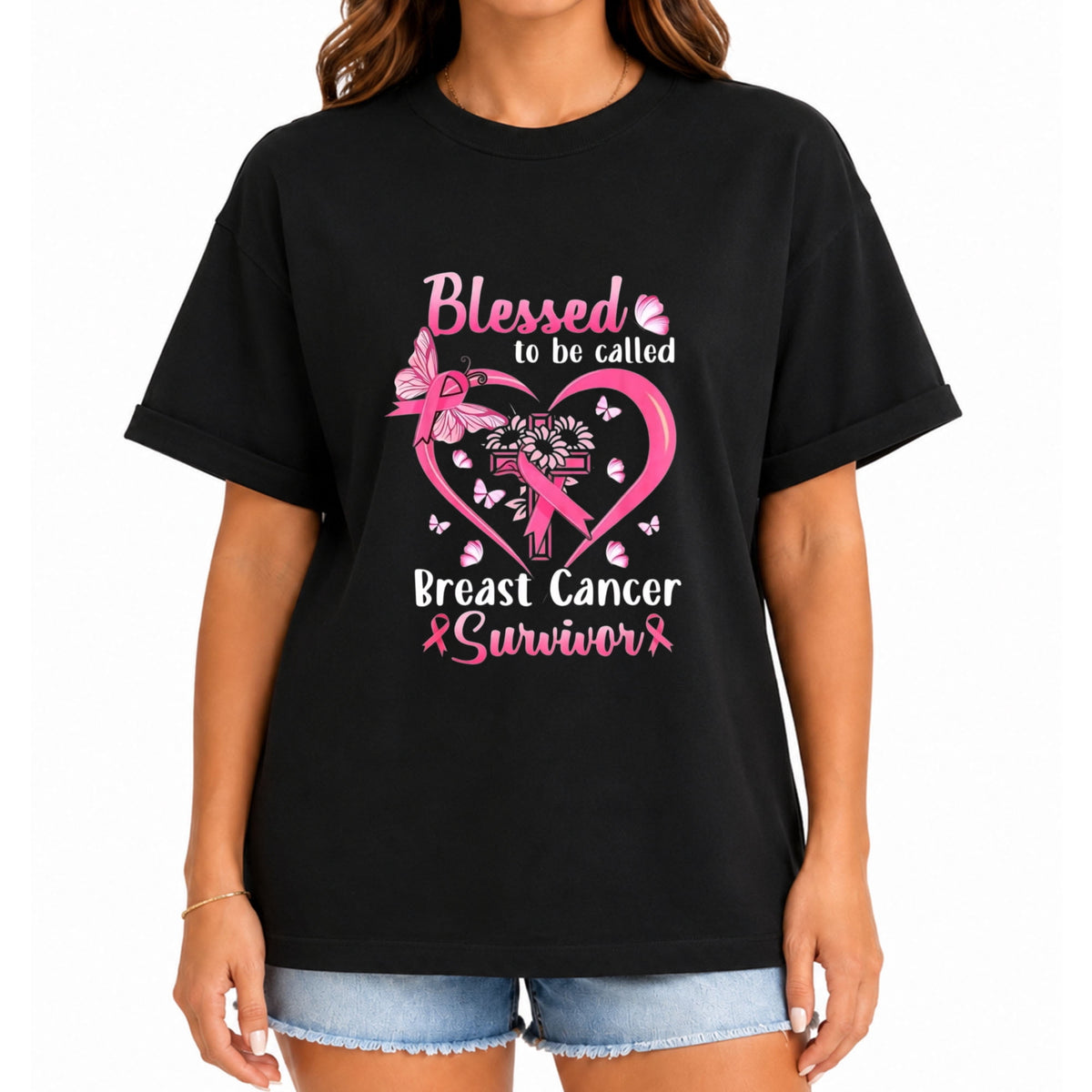Women's Blessed Breast Cancer Survivor Pink Ribbon Floral Heart Graphic T-Shirt