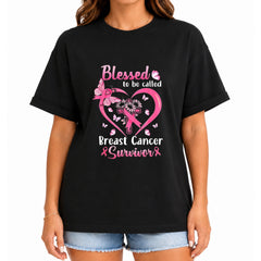 Women's Blessed Breast Cancer Survivor Pink Ribbon Floral Heart Graphic T-Shirt