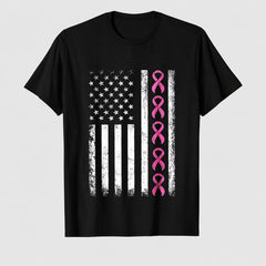 Women's Breast Cancer Awareness Flag Ribbon Graphic T-Shirt, 100% Cotton Short Sleeve Shirt