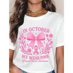 Women’s Breast Cancer Awareness Graphic T‑Shirt, In October We Wear Pink Ribbon Floral Gift Short Sleeve Tee