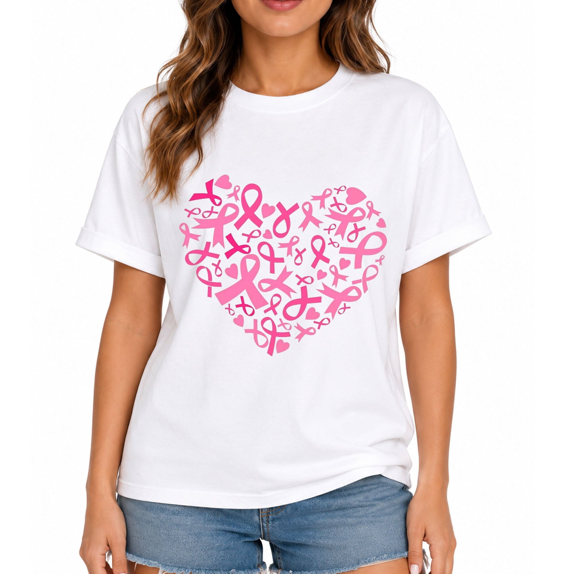 Women's Breast Cancer Awareness Pink Ribbon Heartbeat Heart Graphic T-Shirt